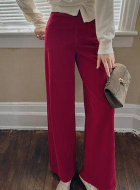 TOP家 氛围神裤 法式复古超细立体灯芯绒红色灯芯绒显瘦阔腿裤女