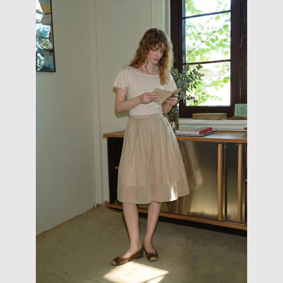 TOP家 优雅轻盈 法式复古柔美灵动 天丝打褶a字中长款大摆半身裙