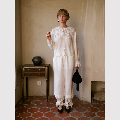 TOP家 松弛俏皮 法式时髦复古棉麻混纺两穿可调节脚口直筒/灯笼裤