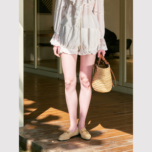 复古中世纪浪漫 TOP家 搭配解药 法式 纯亚麻荷叶边松紧腰灯笼短裤