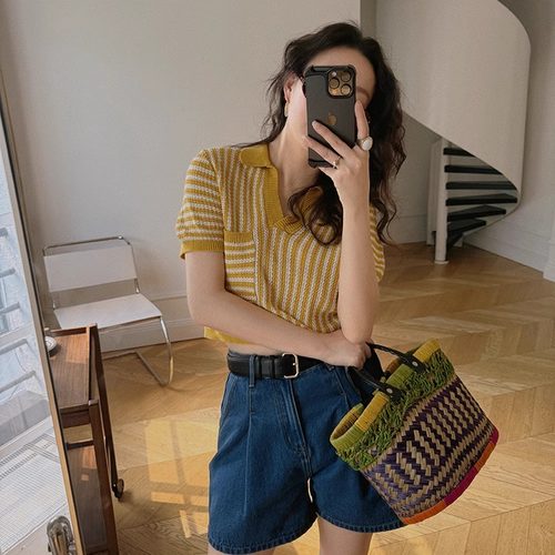 TOP家夏日多巴胺 法式复古休闲舒适亚麻棉短款黄白条纹短袖polo衫