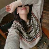 法式 TOP家 节日氛围感 复古时髦费尔岛羊毛混纺圆领套头针织毛衣