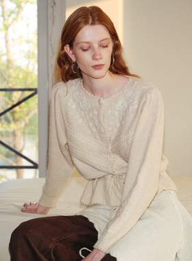 TOP家 针线交织 法式浪漫重工艺 荃手工刺绣钩花收腰羊毛针织开衫