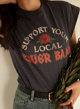 TOP家 时髦复古 法式慵懒感 蜡染洗水印花圆领落肩短袖t恤女2023