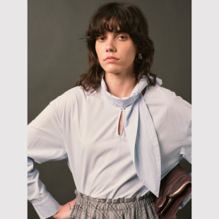 别致领结 蓝色衬衫 法式 多形态系结领纯棉长袖 时髦复古小众 TOP家