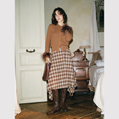 英伦风灵动层次感 TOP家 复古松弛 羊毛呢格纹流苏不规则半身裙