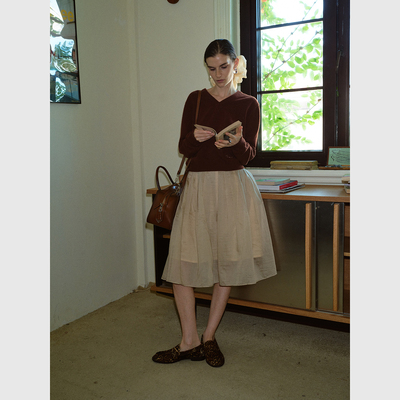 TOP家 优雅轻盈 法式复古柔美灵动 天丝打褶a字中长款大摆半身裙