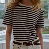 航海风 法式 老钱复古经典 TOP家 蓝白条纹立体圆领宽松针织短袖 T恤