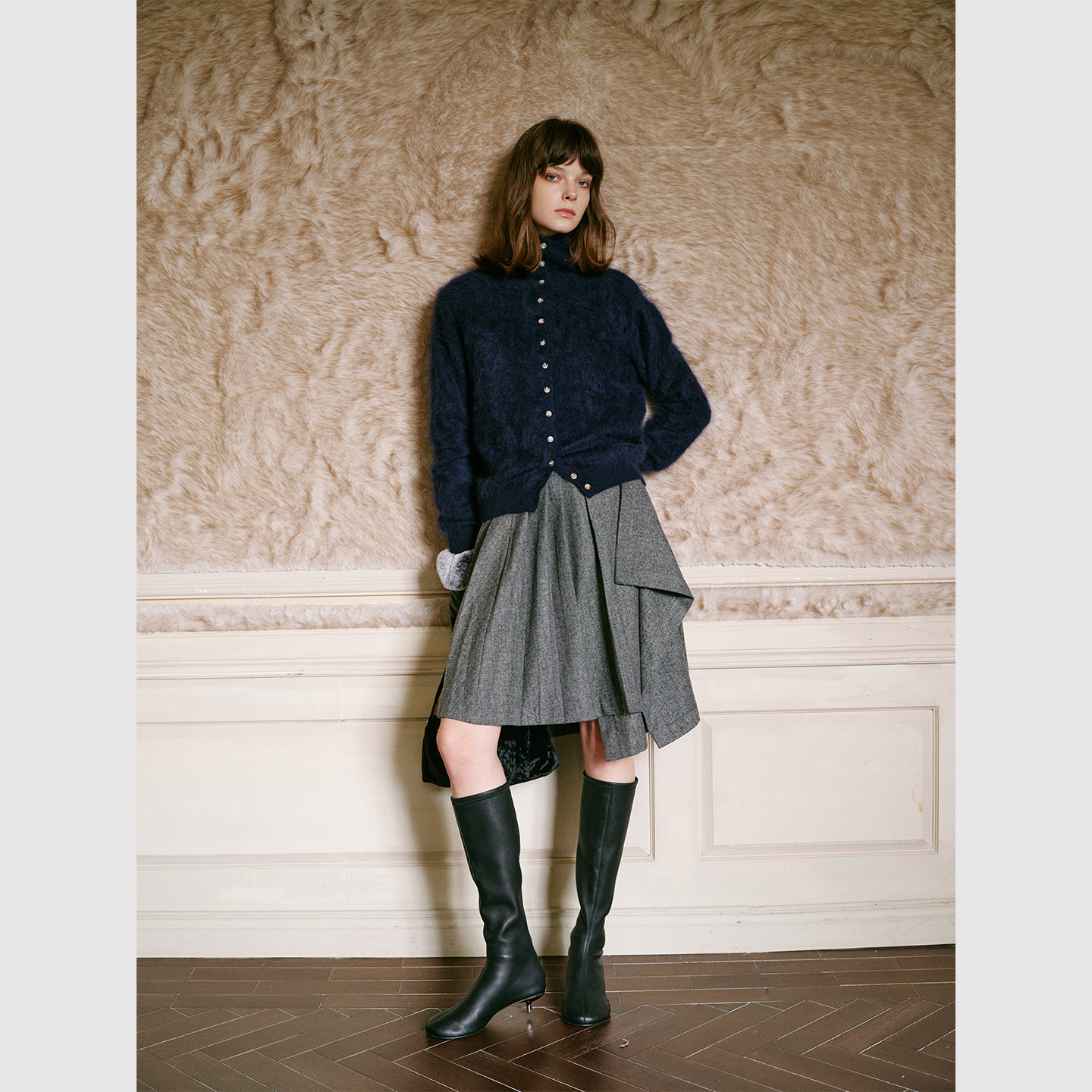 TOP家 高智学院风 法式复古一片式人字纹羊毛混纺不规则半身裙