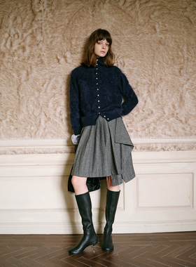 TOP家 高智学院风 法式复古一片式人字纹羊毛混纺不规则半身裙