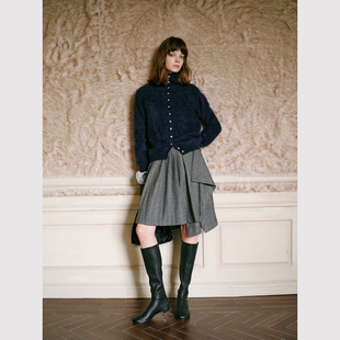 复古一片式 法式 人字纹羊毛混纺不规则半身裙 高智学院风 TOP家