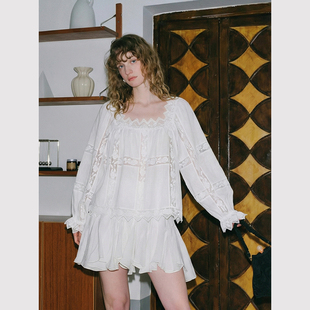 复古优雅 TOP家 松弛态度 法式 浪漫a摆蕾丝拼接宽松亚麻方领衬衫