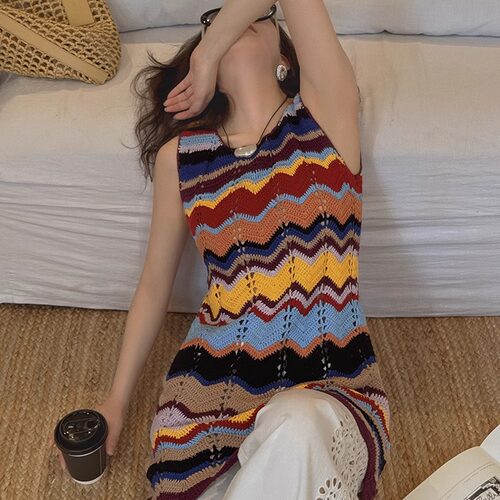 TOP家 重工vtg 法式复古撞色波浪纹手工钩花无袖背心针织连衣裙