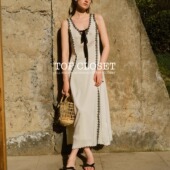 TOP家 连衣裙 浪漫复古撞色绣花工艺光泽醋酸v领无袖 轻盈步伐 法式