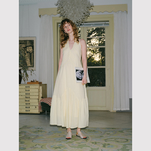 复古度假风镂空花边亚麻棉收腰挂v领脖连衣裙 法式 TOP家 浪漫芬芳