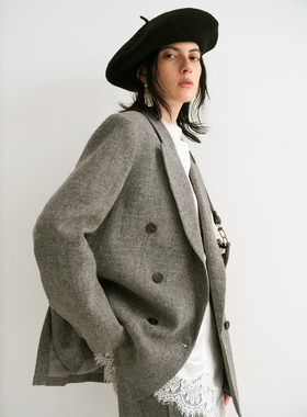 TOP家 老钱风 法式高智优雅灰色羊毛戗驳领双排扣阔版西服/阔腿裤