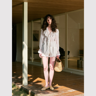 浪漫梦境 醋酸衬衫 法式 不对称波浪花边长袖 复古朦胧美感 TOP家