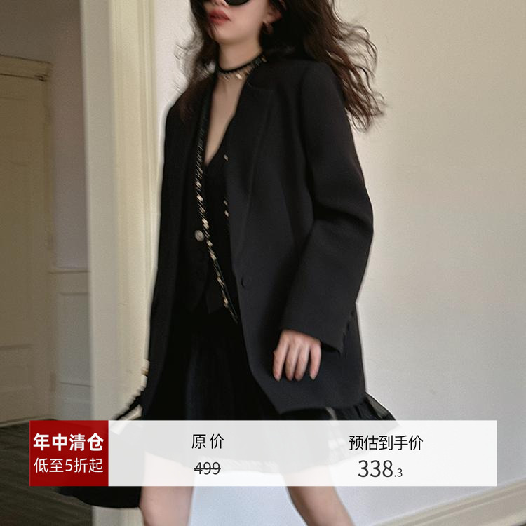 TOP家 法式时髦复古老钱风经典驳领廓形黑色西装/短款马甲女新款