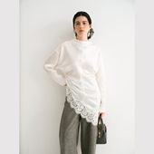 TOP家 上衣 复古斜褶皱肌理醋酸蕾丝花边斜下摆长袖 珍珠光感 法式