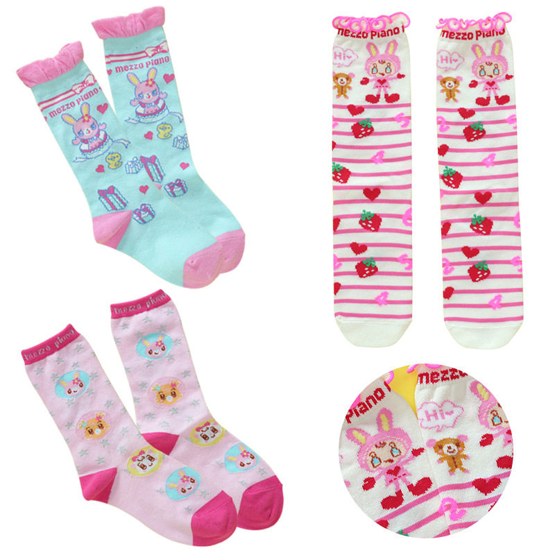 钢琴家袜子 日系mp卡通可爱小兔草莓刺绣长筒袜甜心女儿服袜