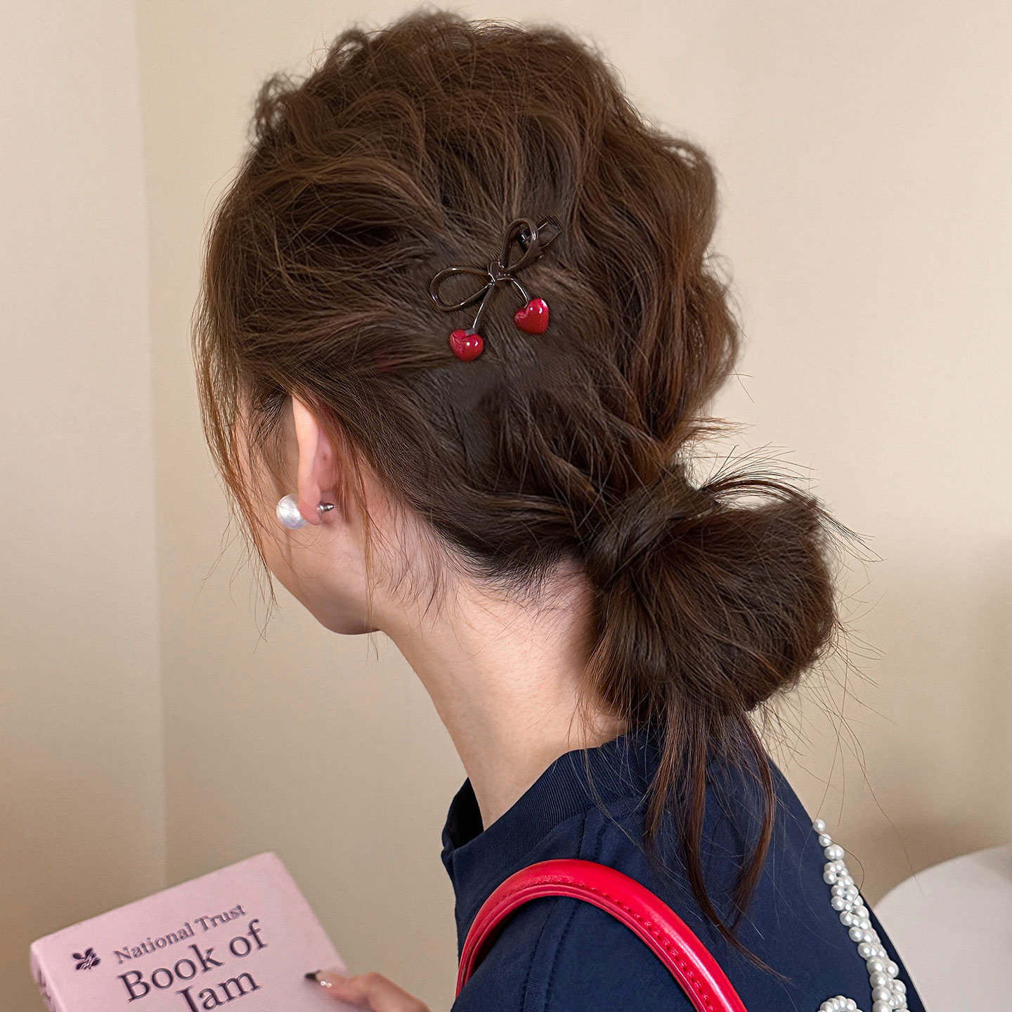 蝴蝶结碎发夹红色樱桃爱心侧边夹