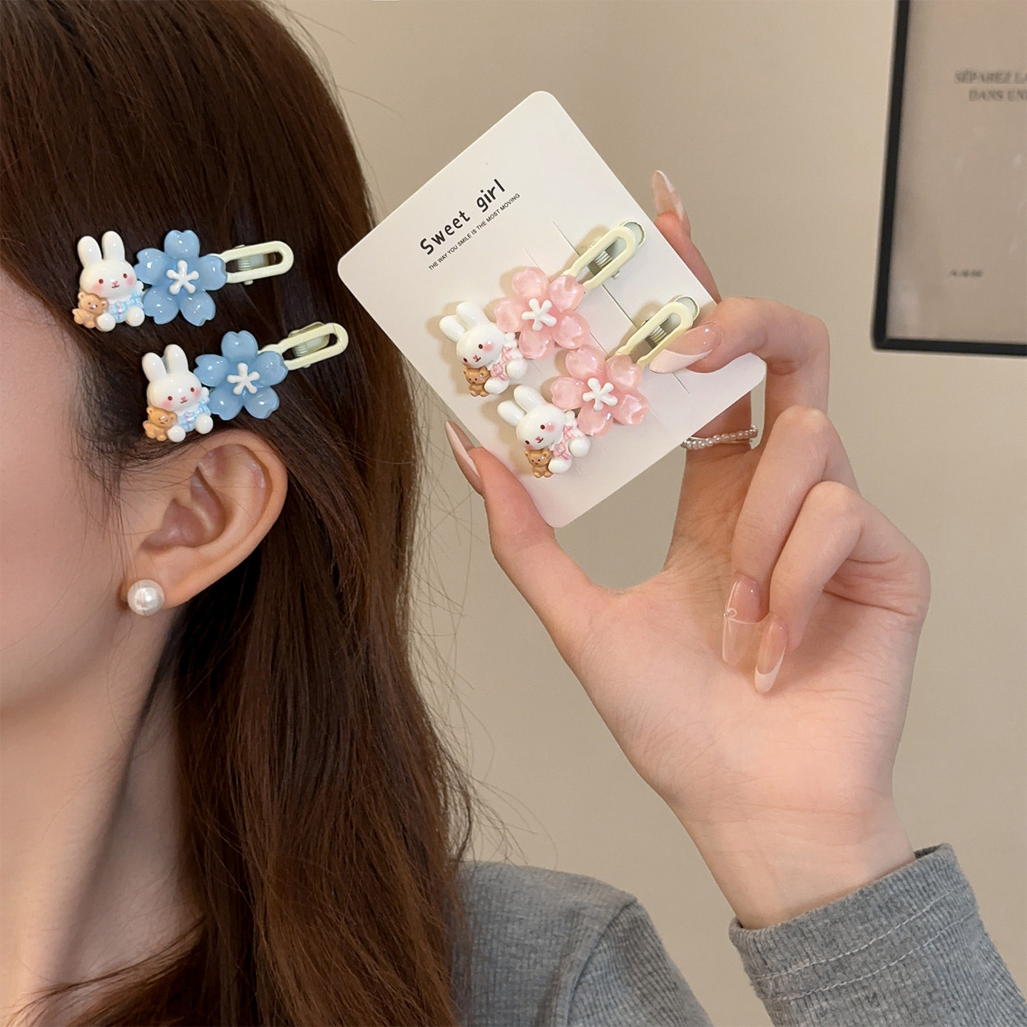 可爱樱花兔兔发夹甜美果冻鸭嘴发夹头饰发卡少女侧边夹碎刘海学生