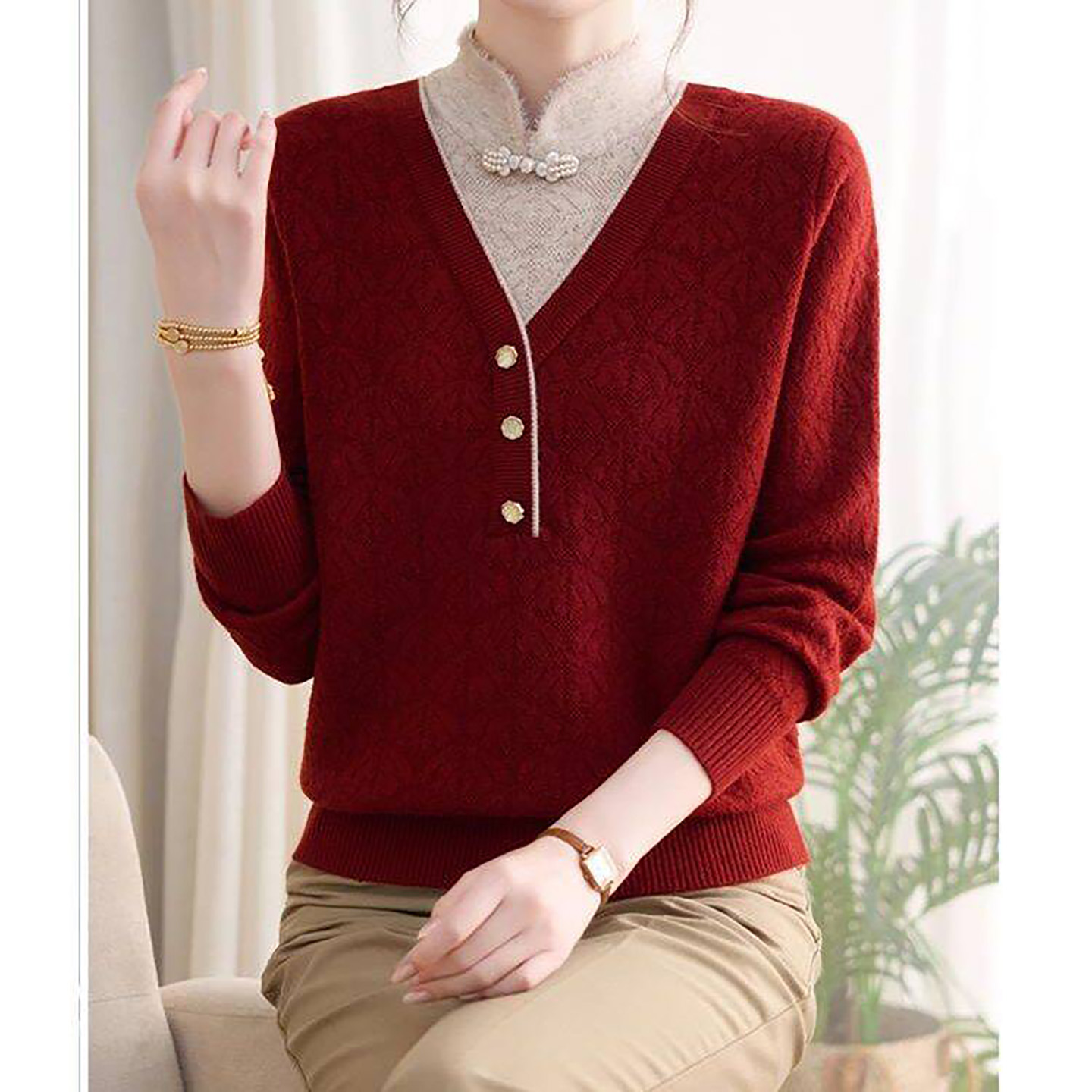 临蔡女装加绒加厚保暖毛衣女士旗袍领针织打底衫秋冬宽松长袖T恤