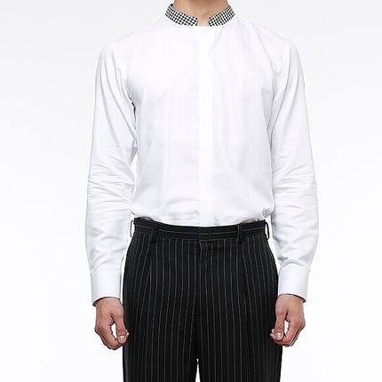 新品韩国男士长袖衬衫白色休闲潮纯棉宋仲基千鸟格衬衣修身 立领
