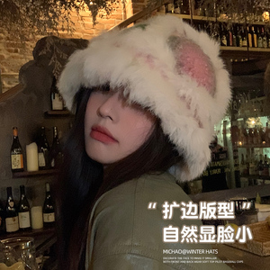 兔毛针织帽女秋冬季毛茸茸帽子防寒护耳盆帽百搭手工毛绒渔夫帽潮