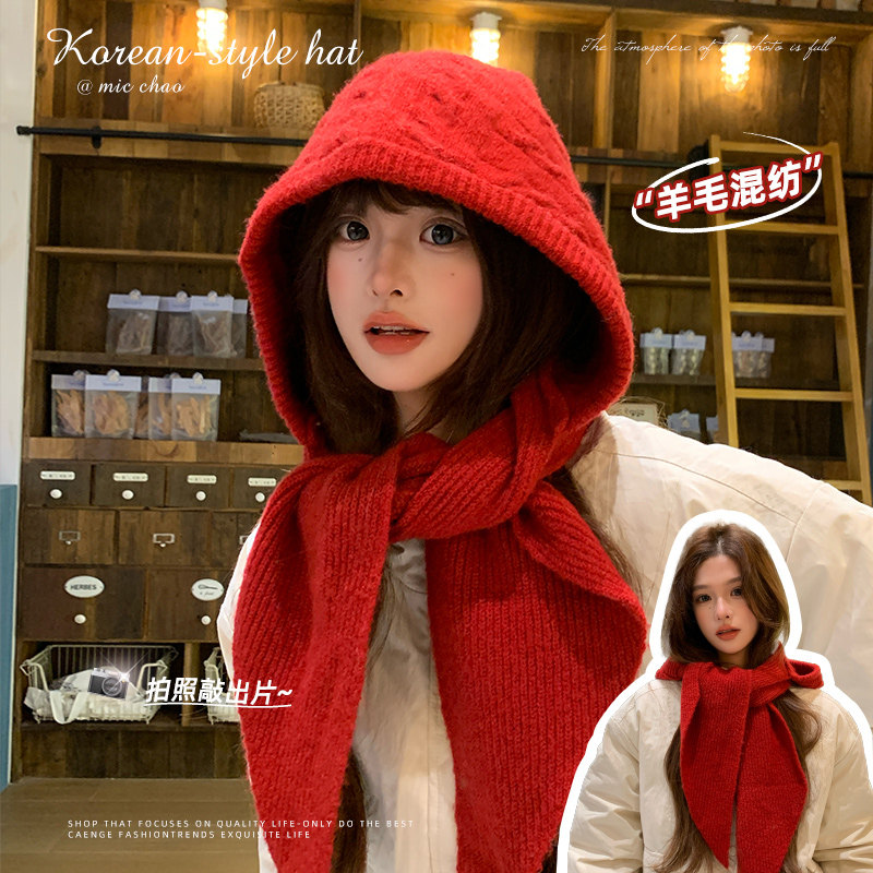 红色帽子围巾一体女冬防寒护耳针织毛线巴拉克拉法帽大头围显脸小