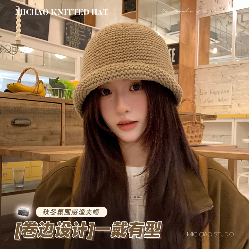 卷边显脸小毛线帽日系渔夫帽子女