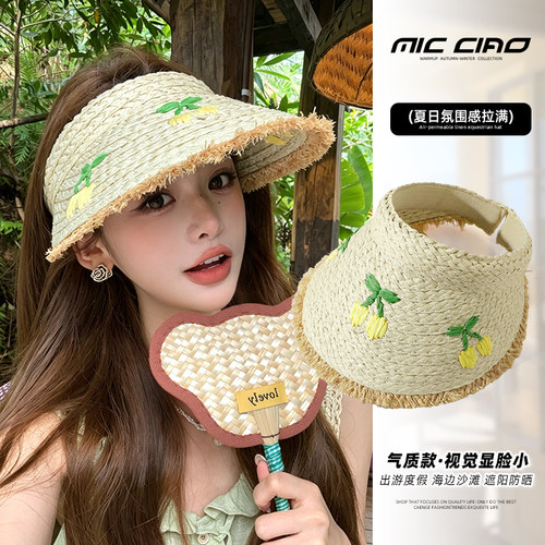 大帽檐草编空顶帽女度假风遮阳