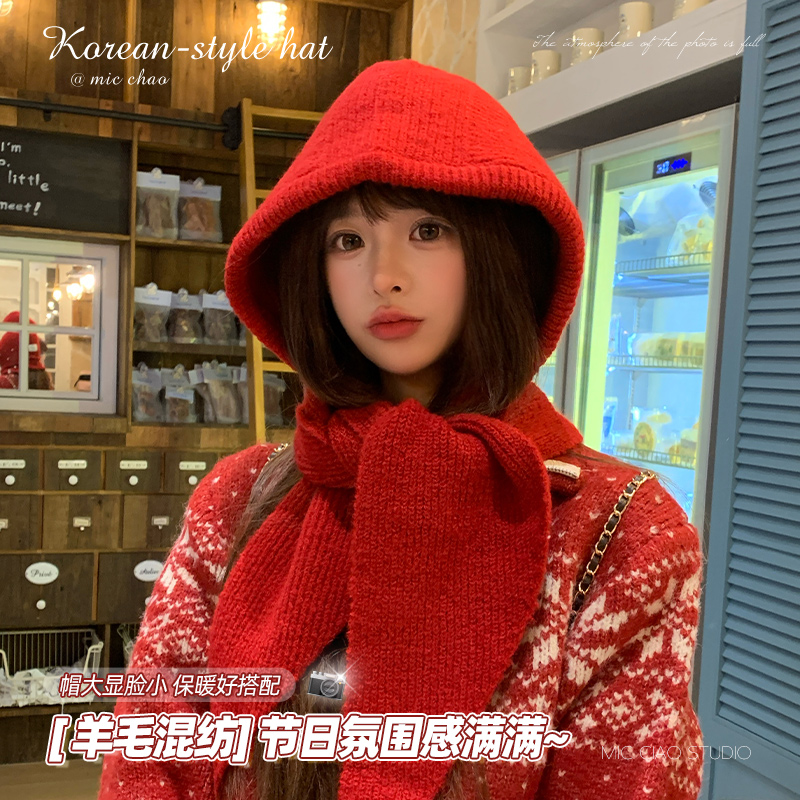 红色巴拉克拉法帽女冬季保暖防寒