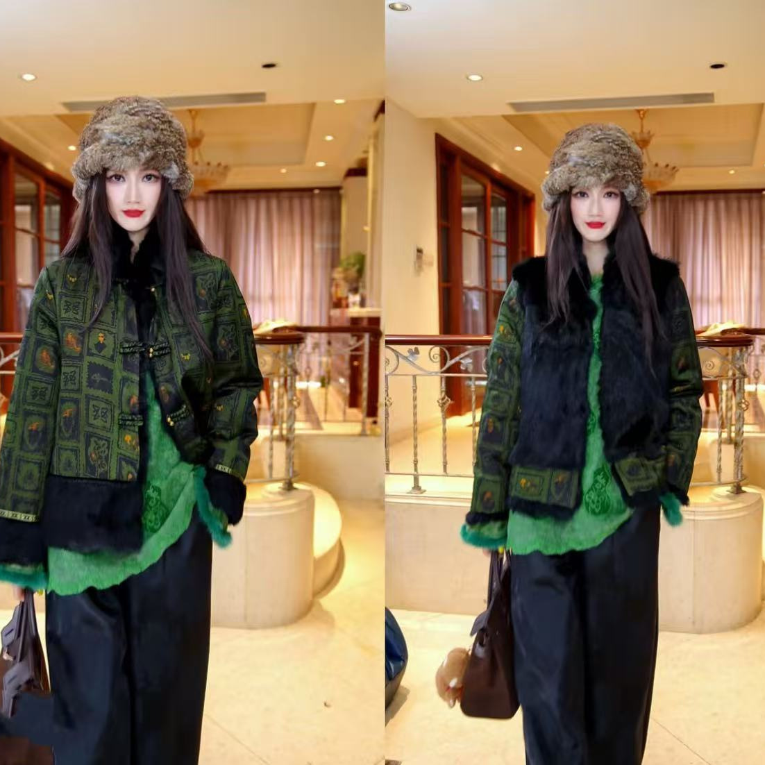 新中式国风双面双穿加厚外套复古桑蚕丝提花拼接毛毛轻奢外套冬季