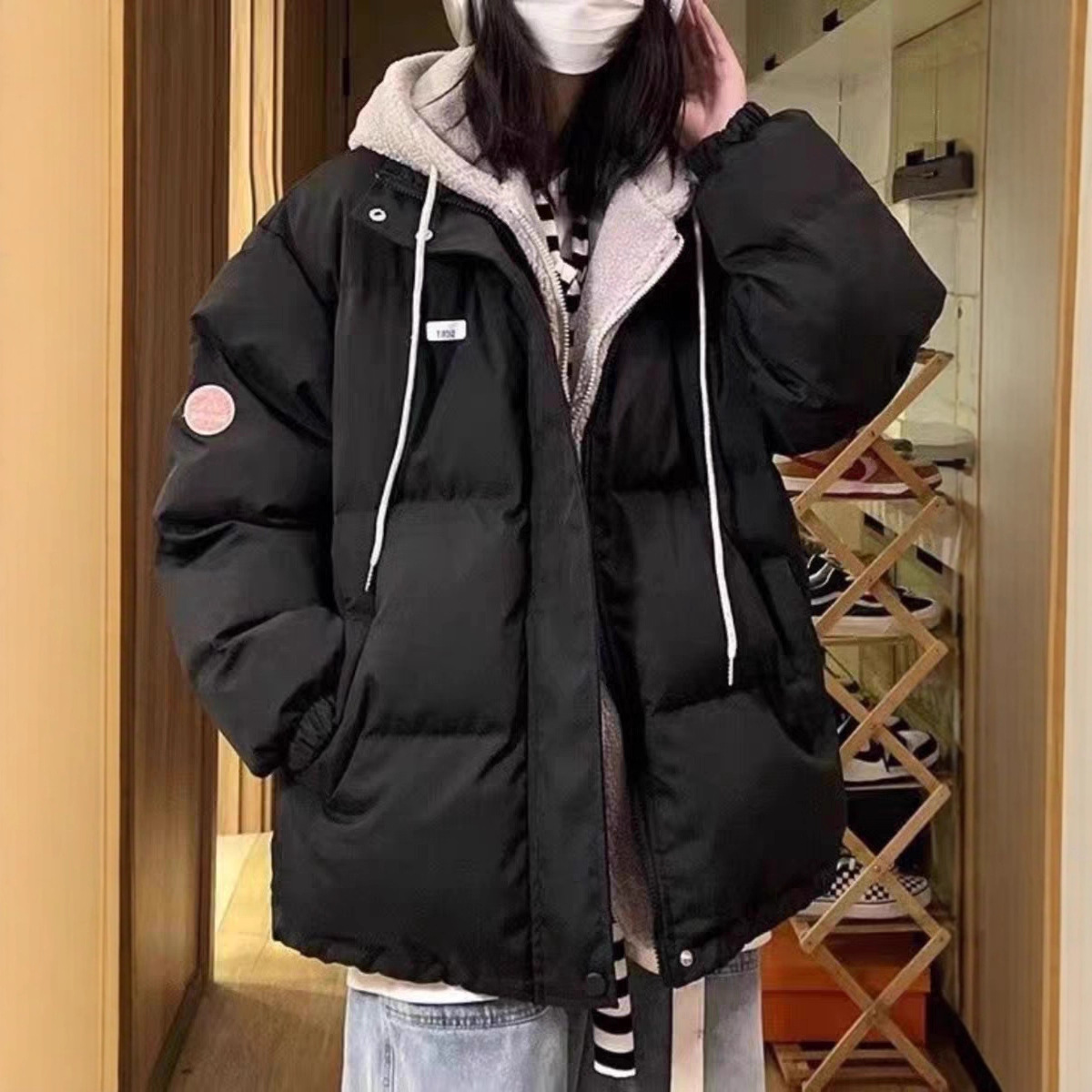 假两件休闲棉服女冬季新款韩系宽松冬装羊羔毛外套女加绒加厚