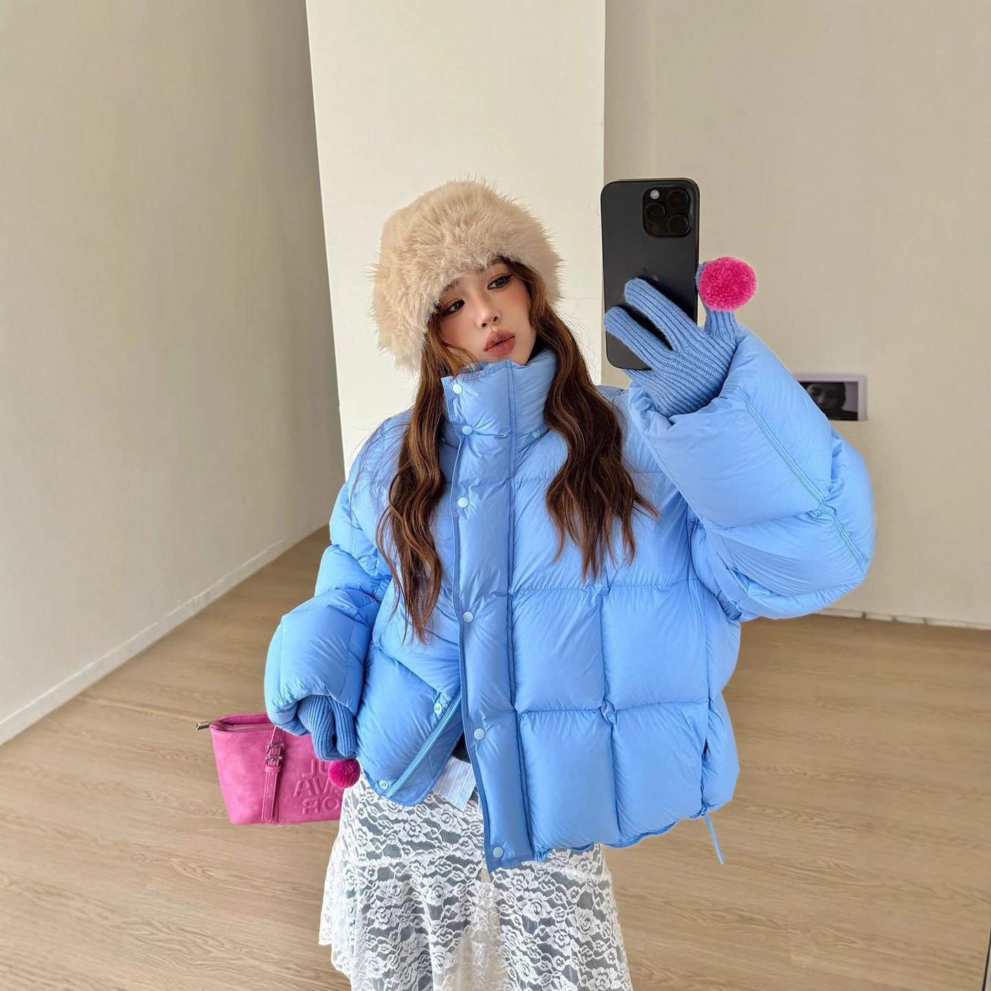 2025平湖霜林韩版方格泡芙90白鸭绒小个子宽松保暖羽绒服女