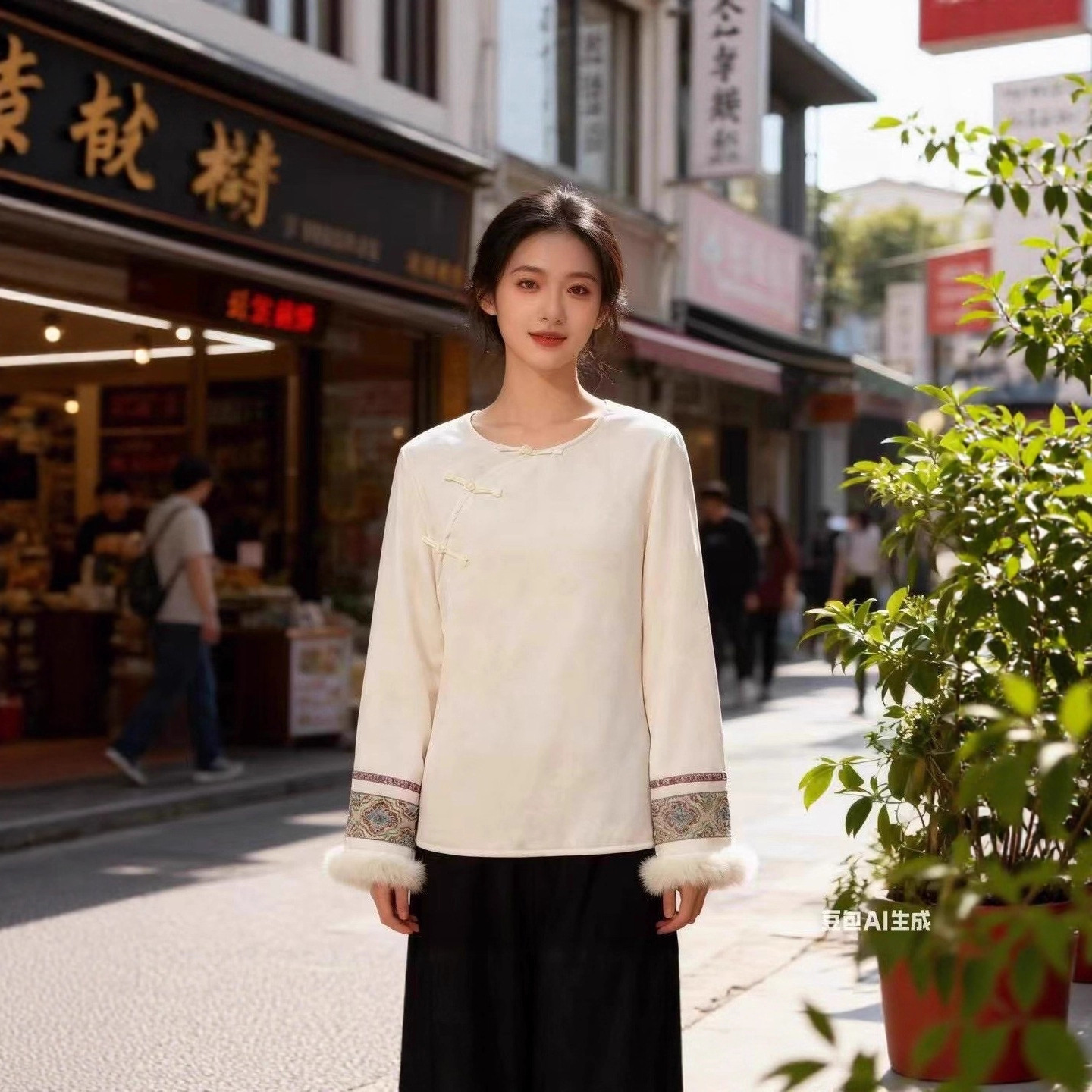 非遗美学新中式国风设计提花拼接水貂毛加绒打底衫复古提花衬衫