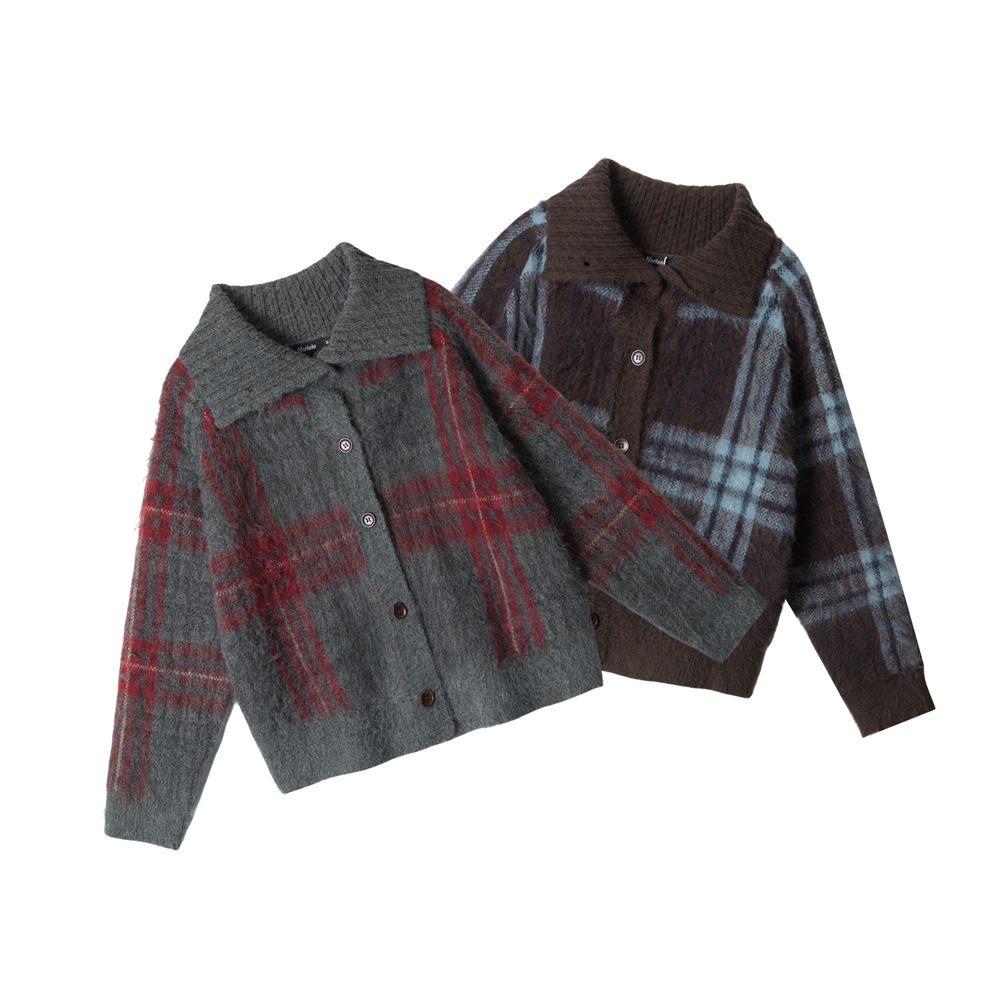 HeyHenry秋冬季美式翻领开衫毛衣男女宽松格纹慵懒复古外穿针织衫