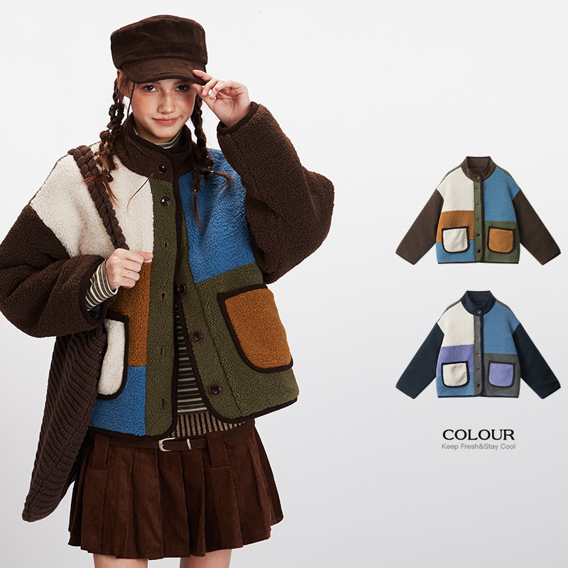 HeyHenry 美式冬季羊羔毛拼色外套女复古宽松保暖夹棉情侣棉服