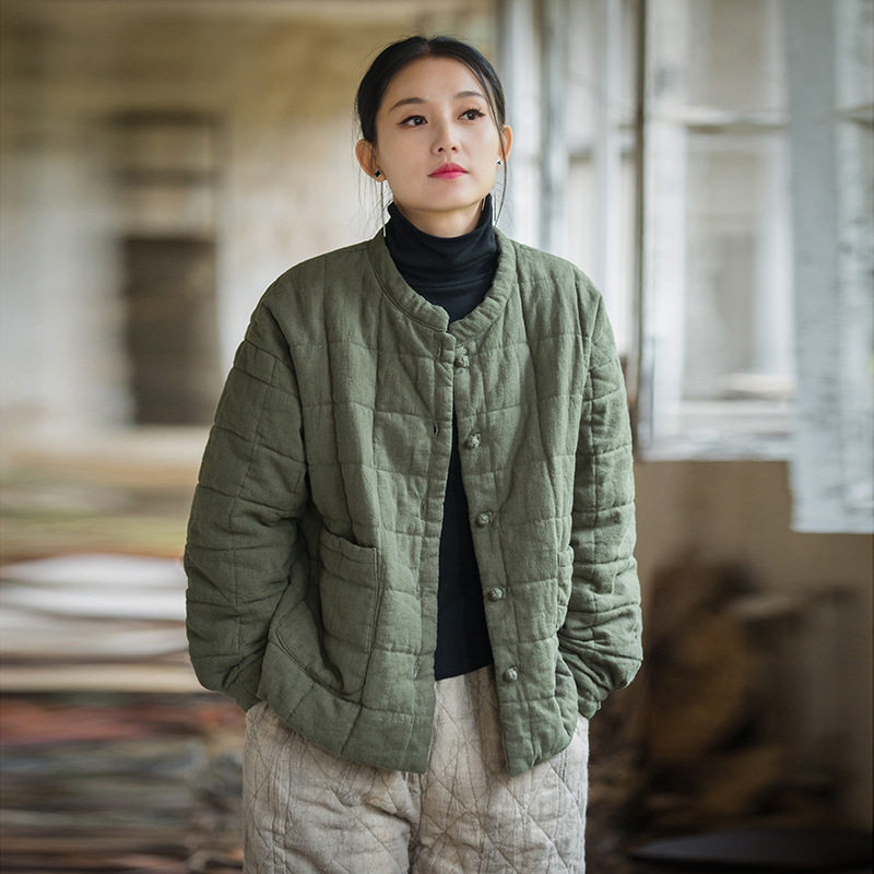 25冬季女装新款苎麻夹棉绗缝方格棉袄棉服时尚文艺个性女式短棉衣