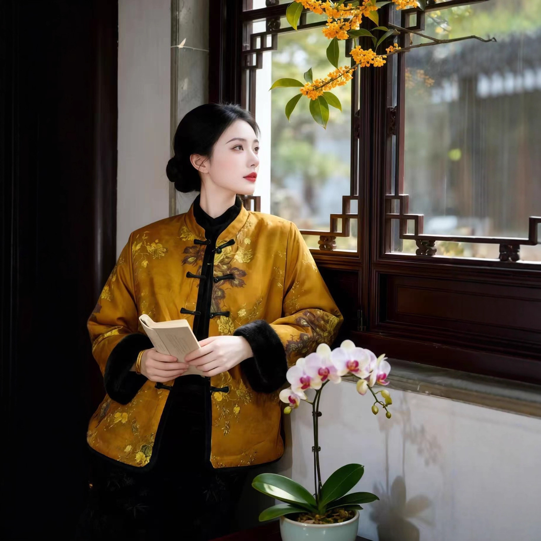 双面双穿2025新款香云纱提花拼接皮毛一体复古新中式轻奢外套