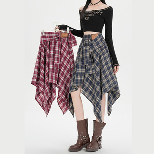 春夏季 复古格子小众半身裙2026设计感高腰绑带不规则半身裙潮 新款