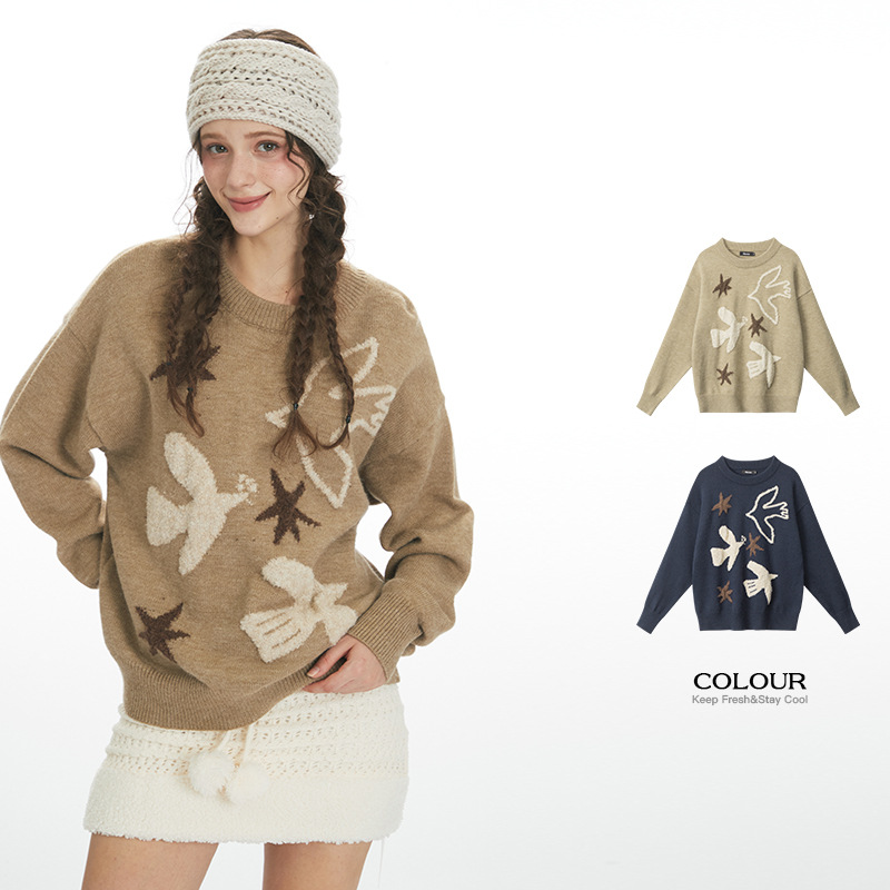 HeyHenry 美式宽松慵懒圆领套头毛衣女秋冬季软糯情侣外穿针织衫