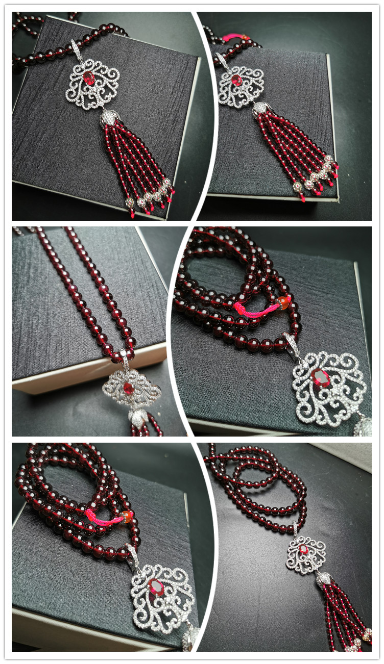 包邮/纯天然酒红色石榴石毛衣链/银饰水晶项链吊坠流苏/佳飞龙