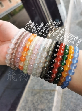 包邮天然玛瑙圆珠红黄绿白灰紫黑色手链6-8-10-12-14玉髓手串男女
