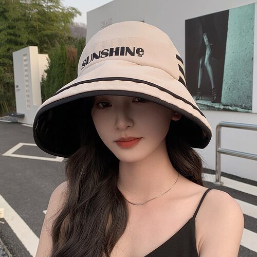 条纹渔夫帽女户外运动帽子时尚韩版防晒遮阳帽大帽檐英文字母