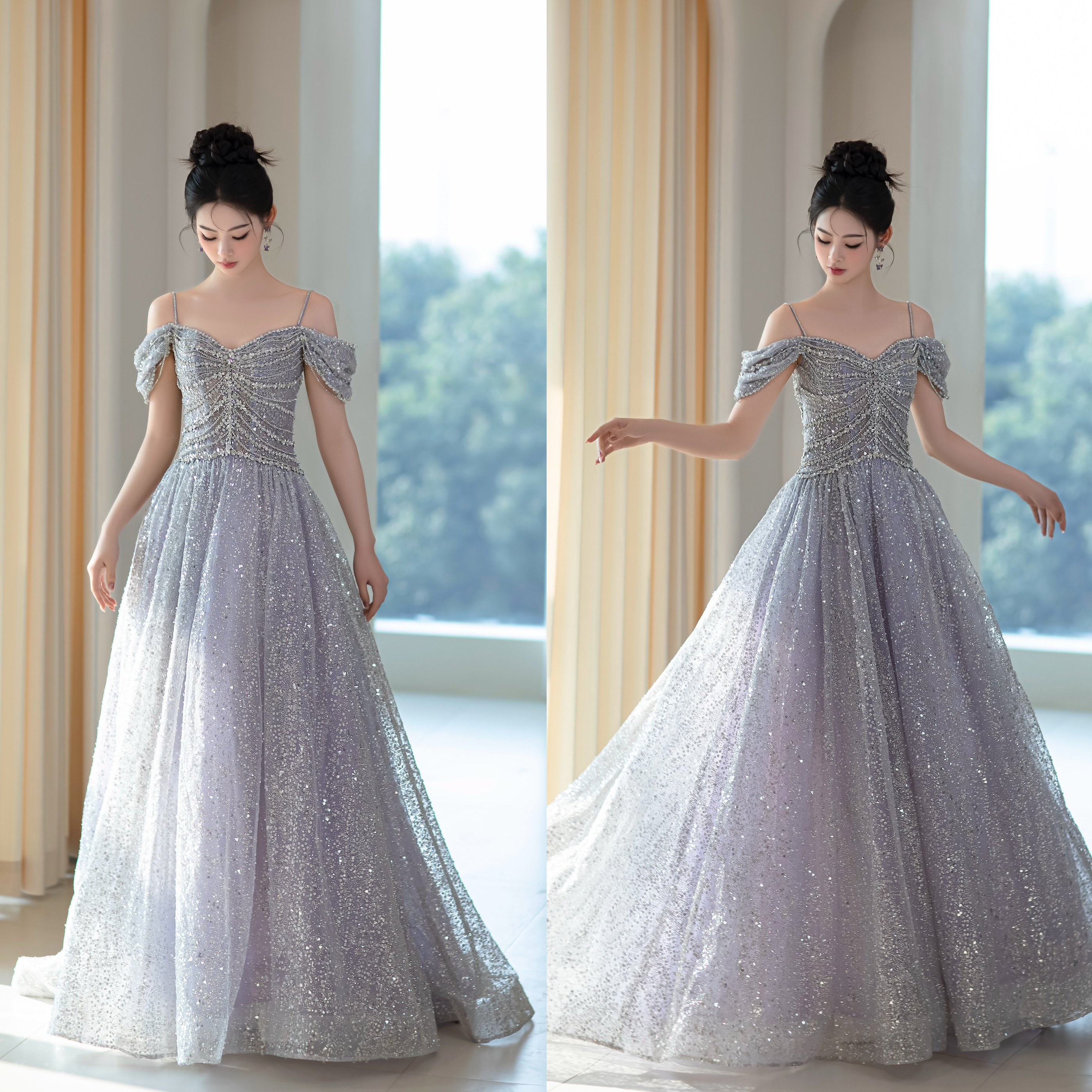 慕姿银色高级感钉珠亮片一字肩气质宴会主持人晚礼服裙礼服出租