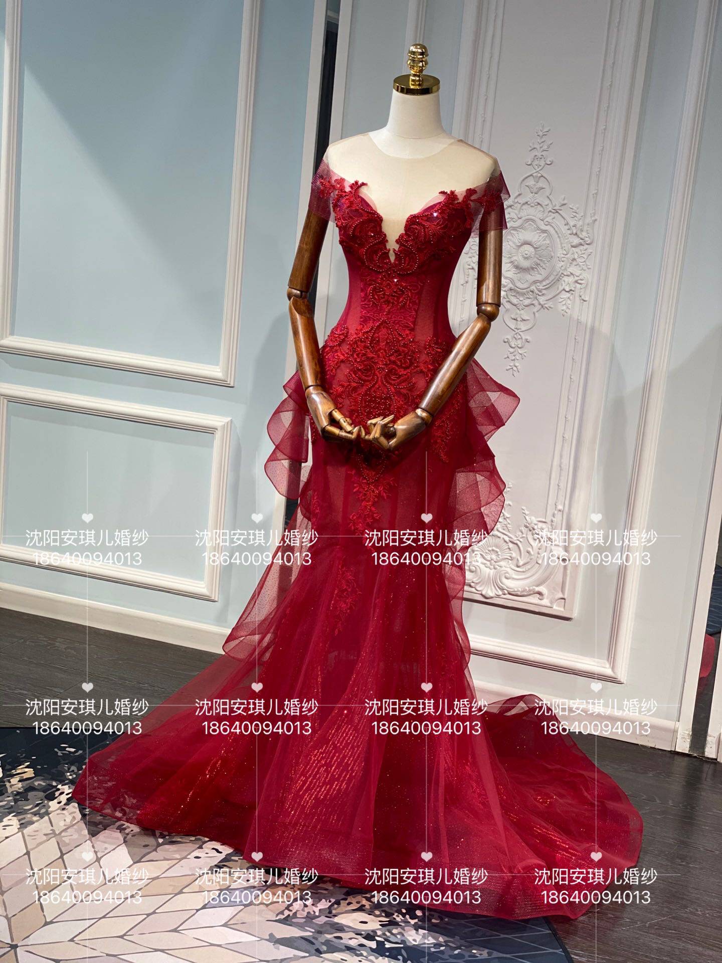 绝设品牌正品新娘年会主持人红色一字肩显瘦鱼尾敬酒晚礼服出租