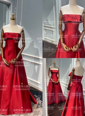 丹妮斯礼服出租新娘红色抹胸缎面品牌正品敬酒礼服晚礼服实拍