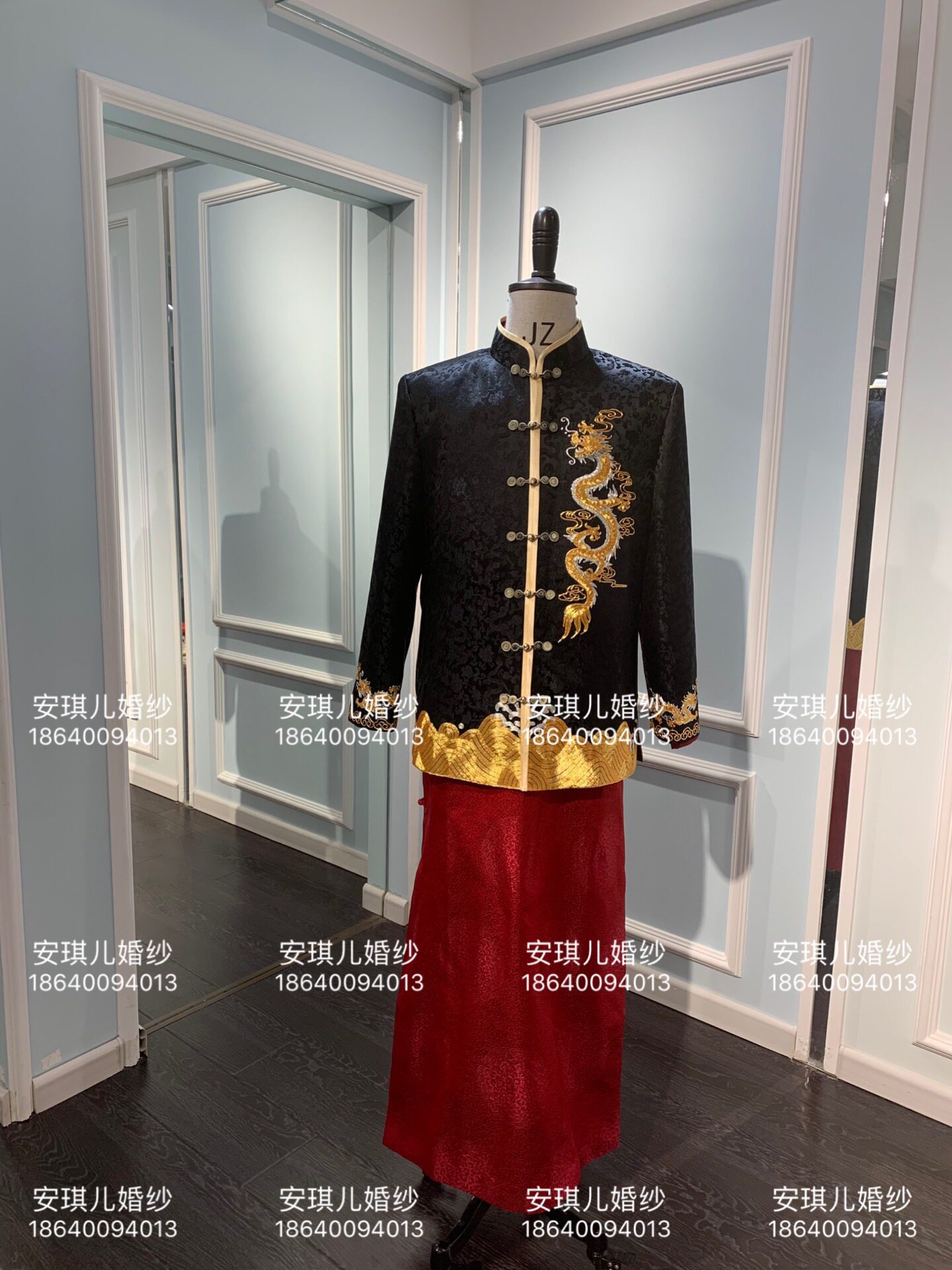 新郎中式手工刺绣男装秀禾服 黑色手工刺绣长袍马褂 中式男装